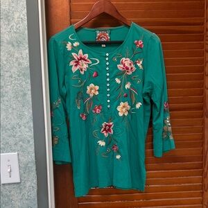 Johnny Was Teal Floral Embroidered Top